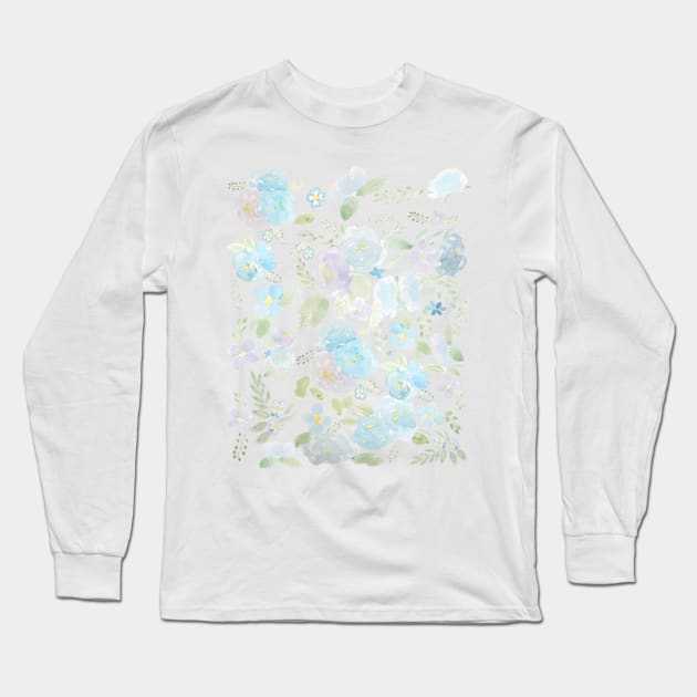 blue flowers and leaf watercolor pattern Long Sleeve T-Shirt by colorandcolor